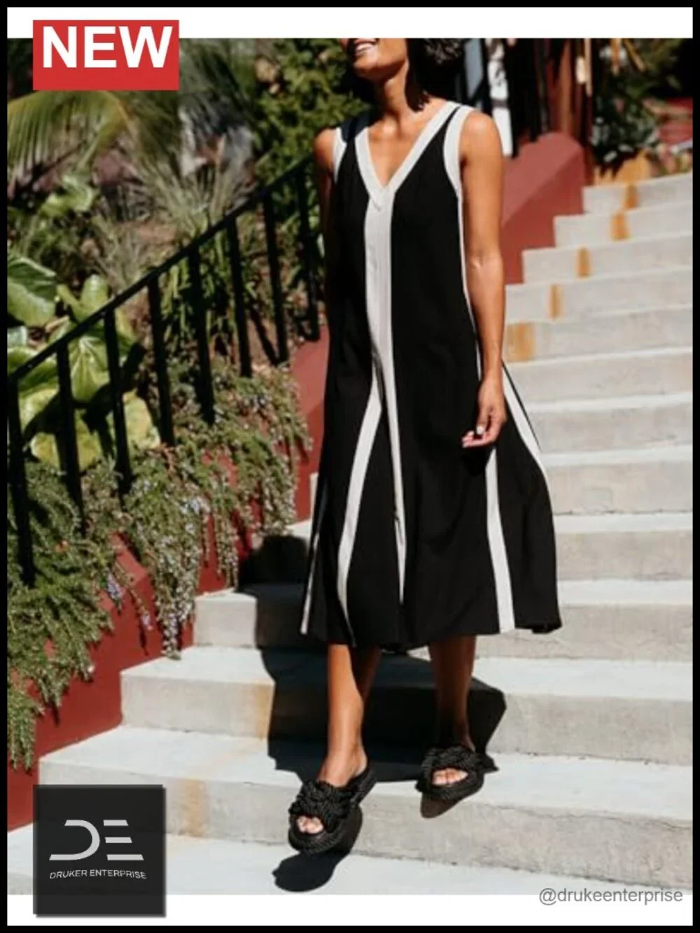 Sleeveless V Neck Color Block Midi Dress with Slit